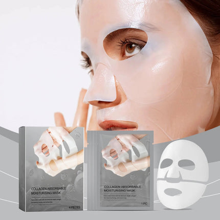 Collagen absorbable moisturizing mask packaging with a close-up of a person wearing the mask.