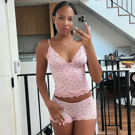 Lace Edge Stitching Small Floral V-neck Set