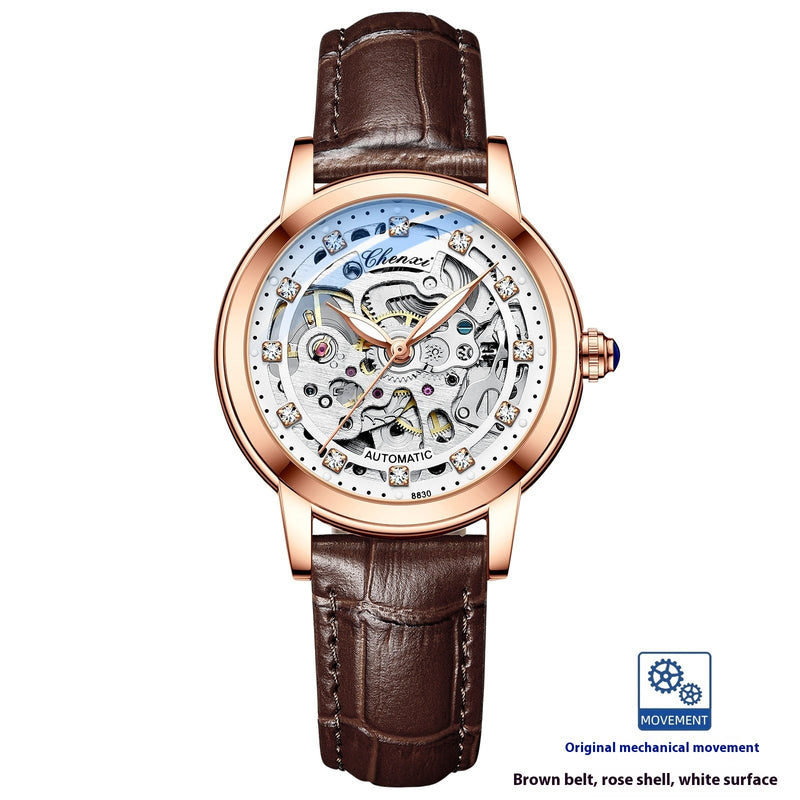 Luxury Diamond Automatic Skeleton Watch for Women – Waterproof Mechanical Timepiece