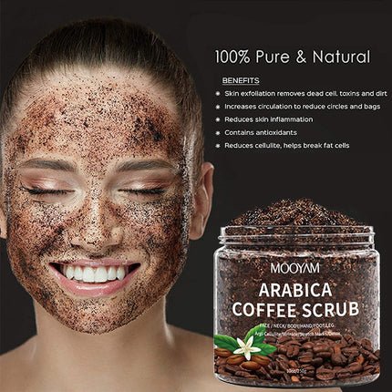 Person with coffee scrub on face and jar of Mooyam Arabica Coffee Scrub on a dark background