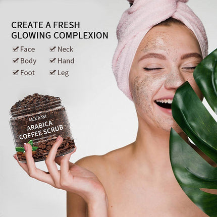 Woman with coffee scrub on face holding a jar of Arabica Coffee Scrub with text about skin care benefits.