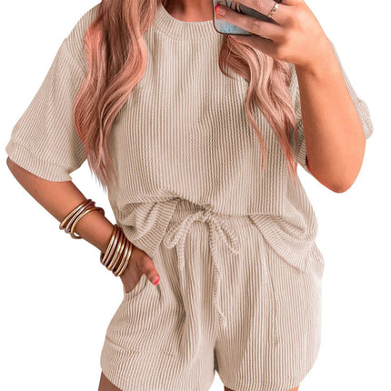 Short-sleeved Wavy Round Neck Top Elastic Waist Shorts Set