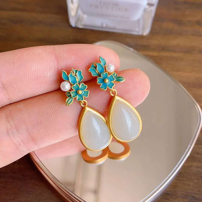 Natural White Jade Drop-shaped Earrings