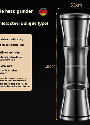Stainless steel double head grinder with dimensions and features on a black background