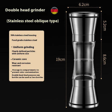 Stainless steel double head grinder with dimensions and features on a black background