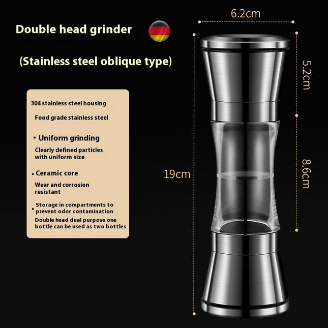 Stainless steel double head grinder with dimensions and features on a black background