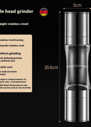 Double head grinder with specifications and dimensions on a black background