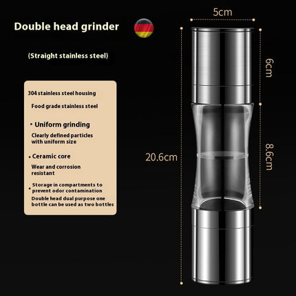 Double head grinder with specifications and dimensions on a black background