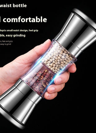 Hand holding a pepper grinder with text on a black background