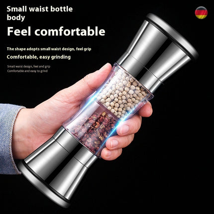 Hand holding a pepper grinder with text on a black background