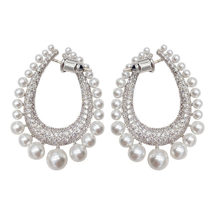 Full Diamond Row of Pearl Drop Earrings
