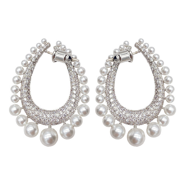 Full Diamond Row of Pearl Drop Earrings