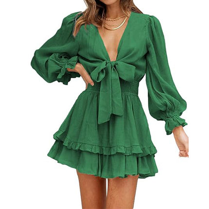 V-neck Ruffled Slimming Long Sleeves Dress