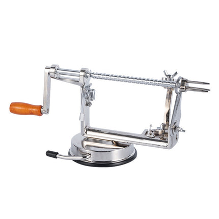 Metal apple peeler with a white background