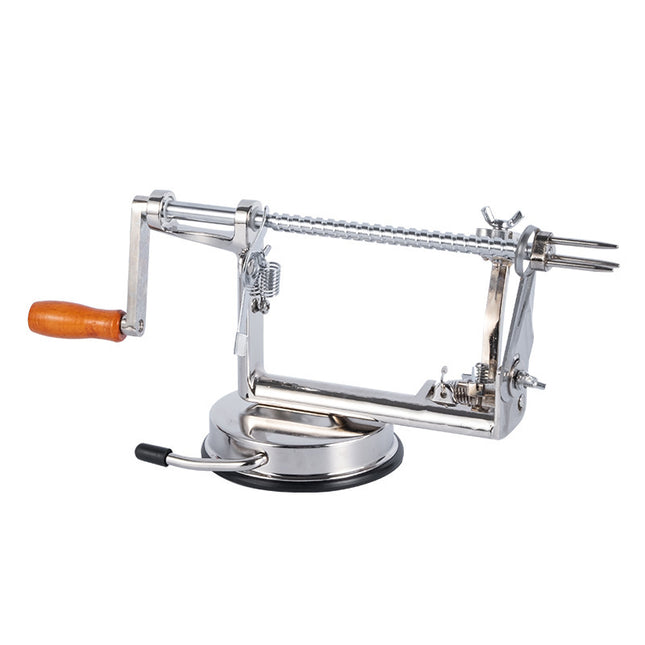 Metal apple peeler with a white background