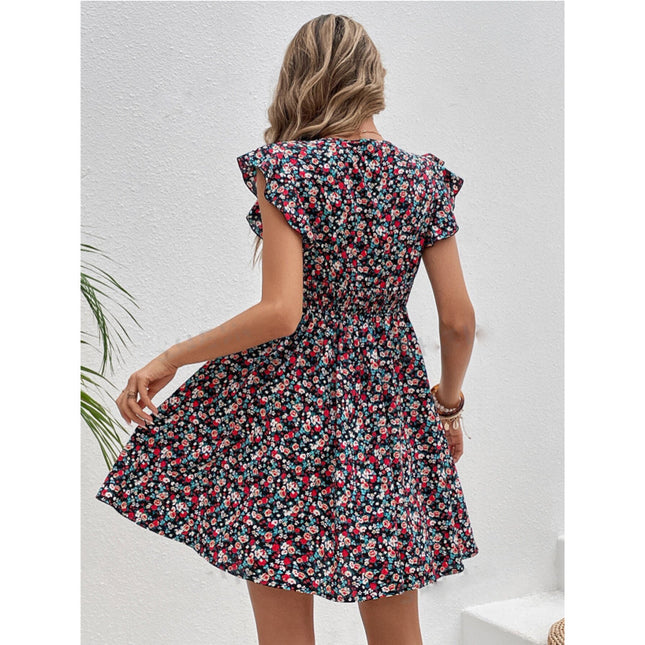 Small Floral Print High Waist Ruffles Dress