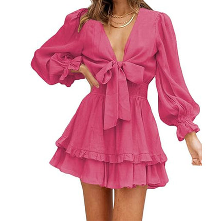 V-neck Ruffled Slimming Long Sleeves Dress