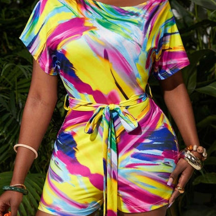 Slay diva Asymmetrical Neckline Belted Playsuit