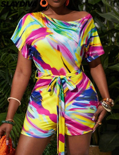 Slay diva Asymmetrical Neckline Belted Playsuit