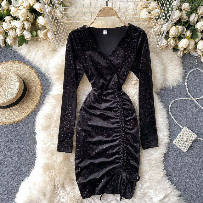 V-neck Waist Pack Buttock Velvet Long Sleeve Dress
