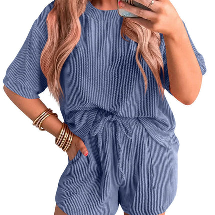 Short-sleeved Wavy Round Neck Top Elastic Waist Shorts Set