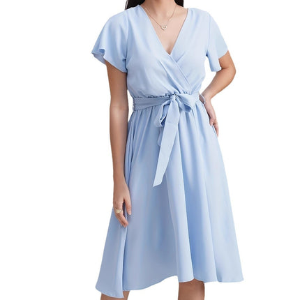 Short Sleeve Cross Collar Belt Dress