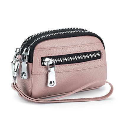 First Layer Cowhide Double Zipper Coin Clutch