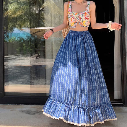 Blue And White Striped High Waist Slimming Skirt