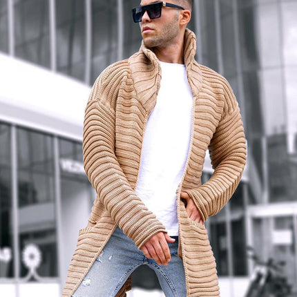 Knitted Cotton Ribbed Jacquard Lapel Cardigan Sweater