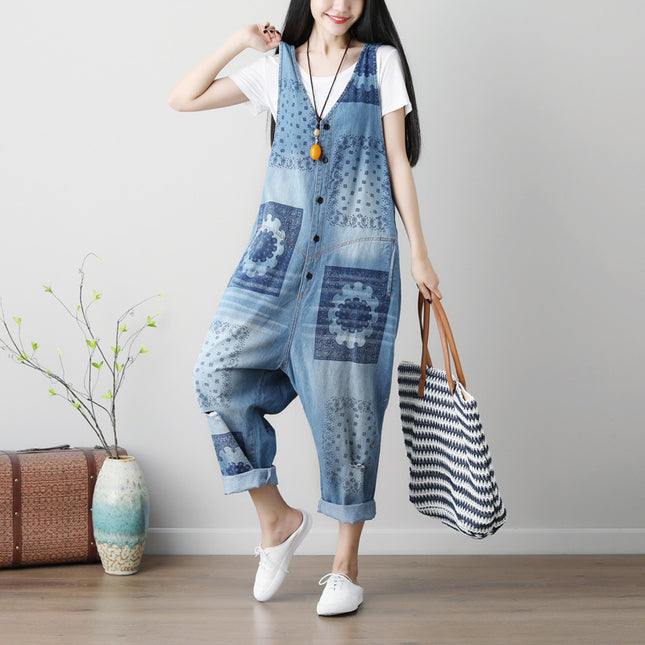 Sleeveless Washed Ripped Denim Suspender Overall