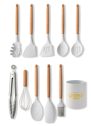 11-Piece White Marble Silicone Kitchen Utensil Set with Wooden Handles