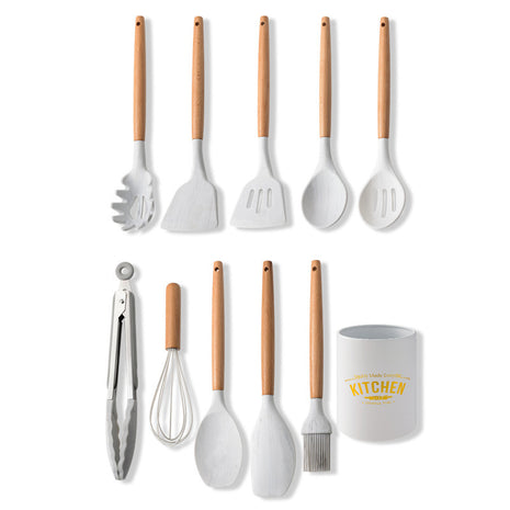 11-Piece White Marble Silicone Kitchen Utensil Set with Wooden Handles