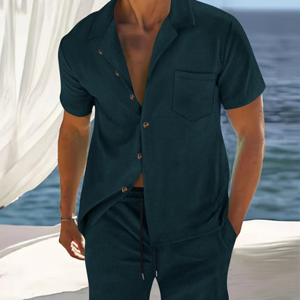 Men's Europe And America Cross Border Polyester Short Sleeve Cuban Collar Shirt Summer Suit