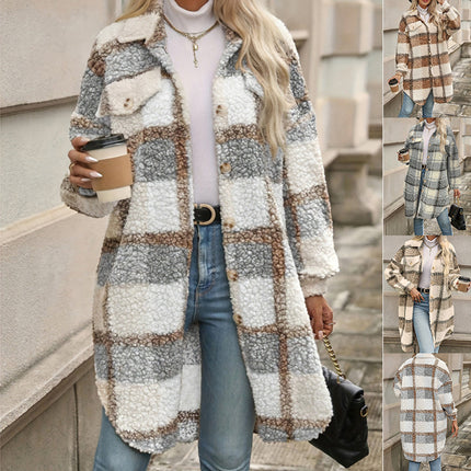Lapel Colorblock Plaid Sense Padded Coat