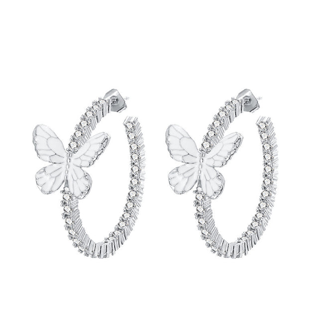 Xin White Butterfly Circle Micro Inlaid Zircon Earrings