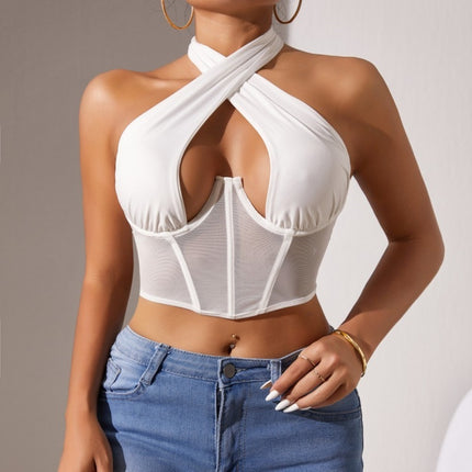 Top Stitching Mesh See-through Cross-halterneck Fishbone