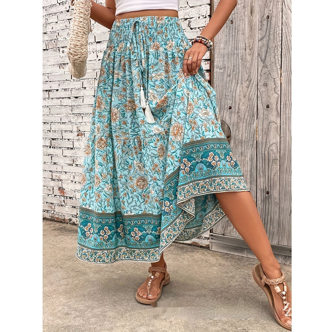 Waist-controlled Simple Floral Print Tassel Skirt