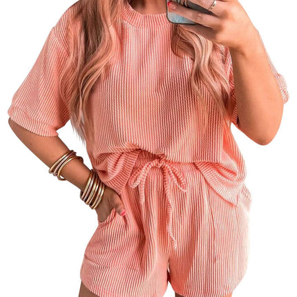 Short-sleeved Wavy Round Neck Top Elastic Waist Shorts Set