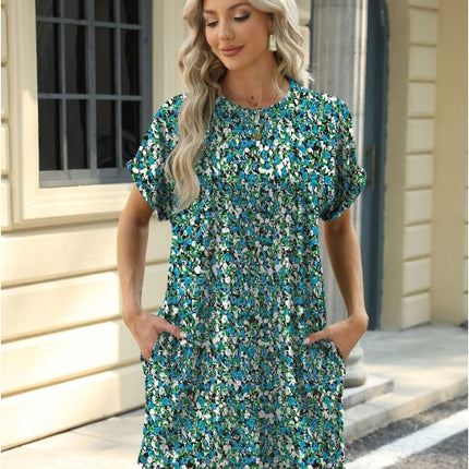 Loose Crew Neck Short Sleeve Pocket Dress