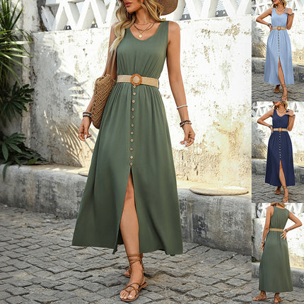 Round-neck Sleeveless Split With Button Long Dresses