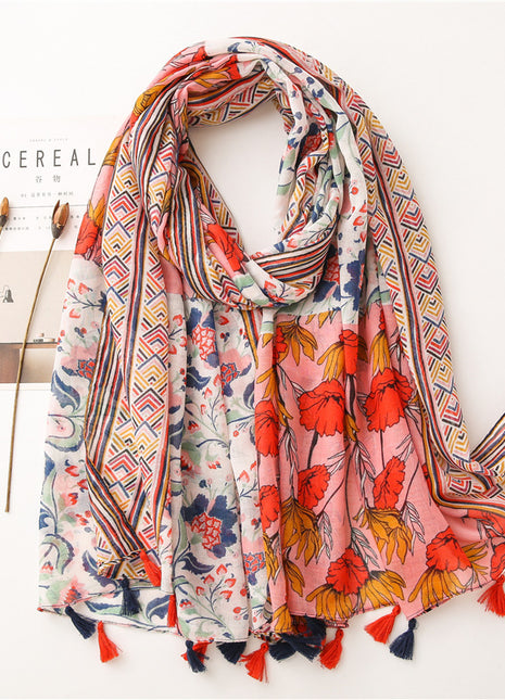 Fular artístico de algodón y lino estilo japonés con diseño bohemio de anacardos