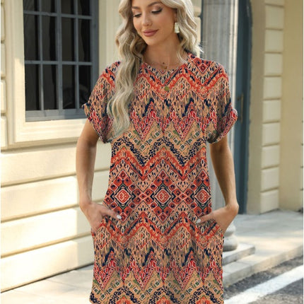 Loose Crew Neck Short Sleeve Pocket Dress