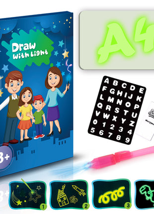 Children's drawing set with light-up board, pen, and letter and number cards on a white background.