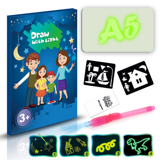 Glowing drawing board set with pen, templates, and family illustration on packaging