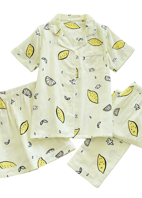 Beige Lemon Fruit Three-Piece Cotton Pyjama Set BLNDL
