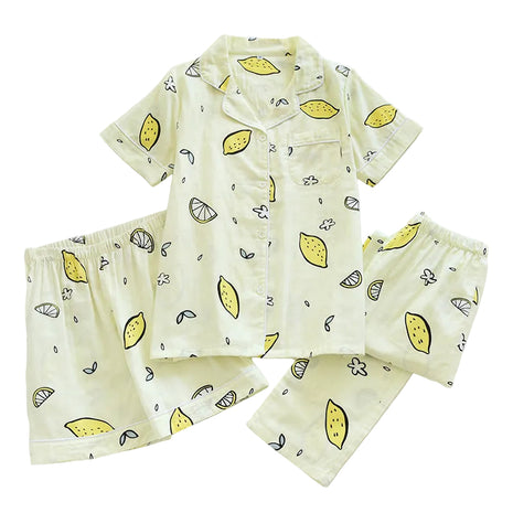 Beige Lemon Fruit Three-Piece Cotton Pyjama Set BLNDL