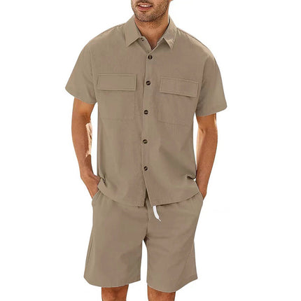 Cotton Short Sleeve Pockets Shirt And Drawstring Shorts Set