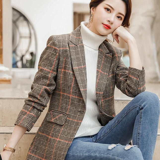 Plaid Suit Waist Slim Fit Trimming Casual Coat
