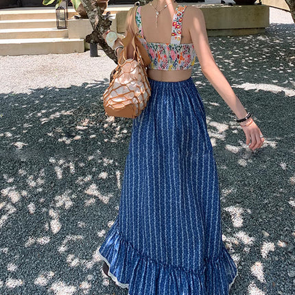 Blue And White Striped High Waist Slimming Skirt