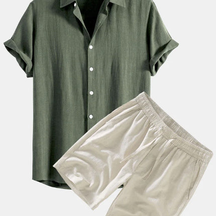 Men's Solid Color Casual Short-sleeved Shirt Shorts Suit